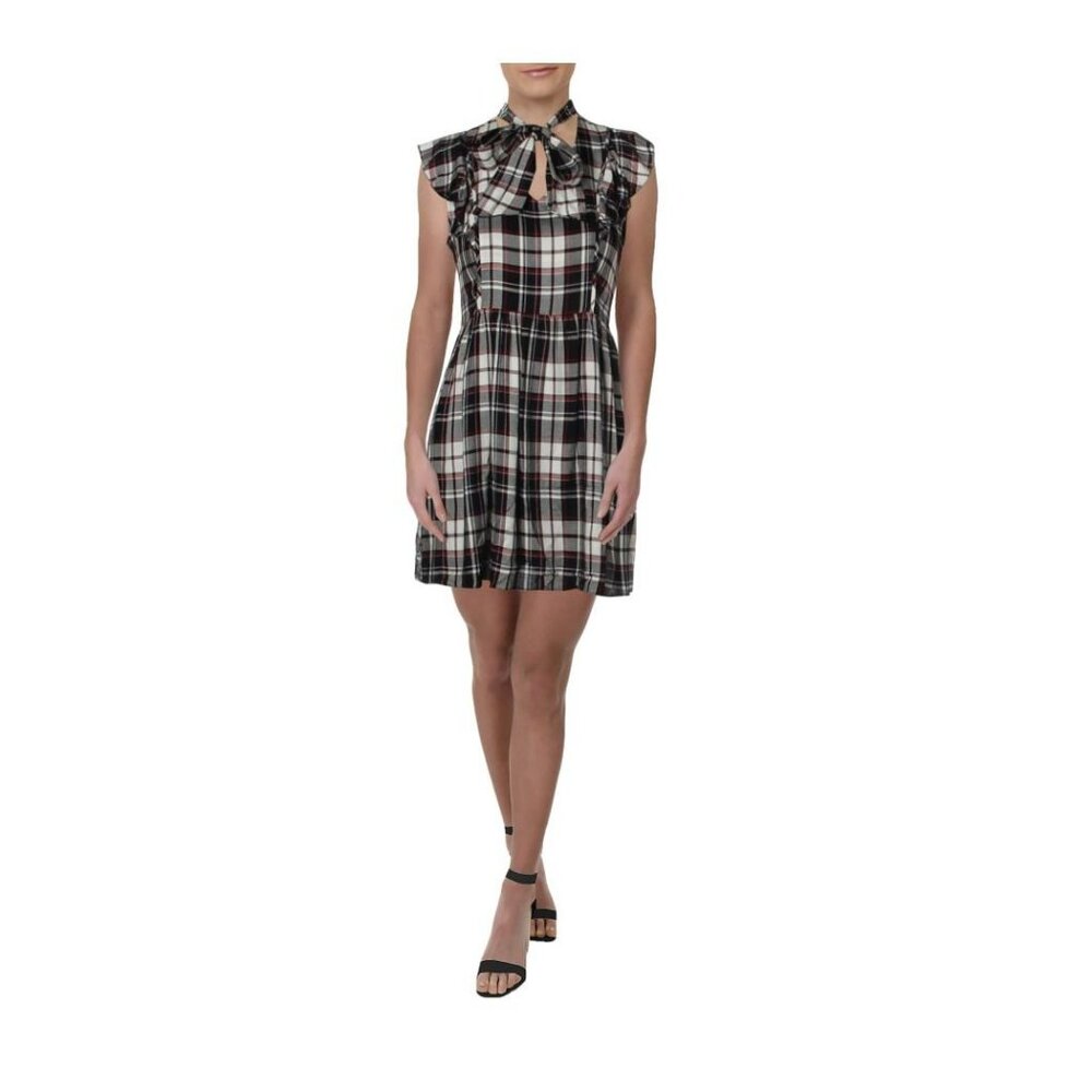 ❤️❤️AQUA Sz M Womens academia Plaid Mini Dress Ruffle Sleeve Kitty Bow Neckline